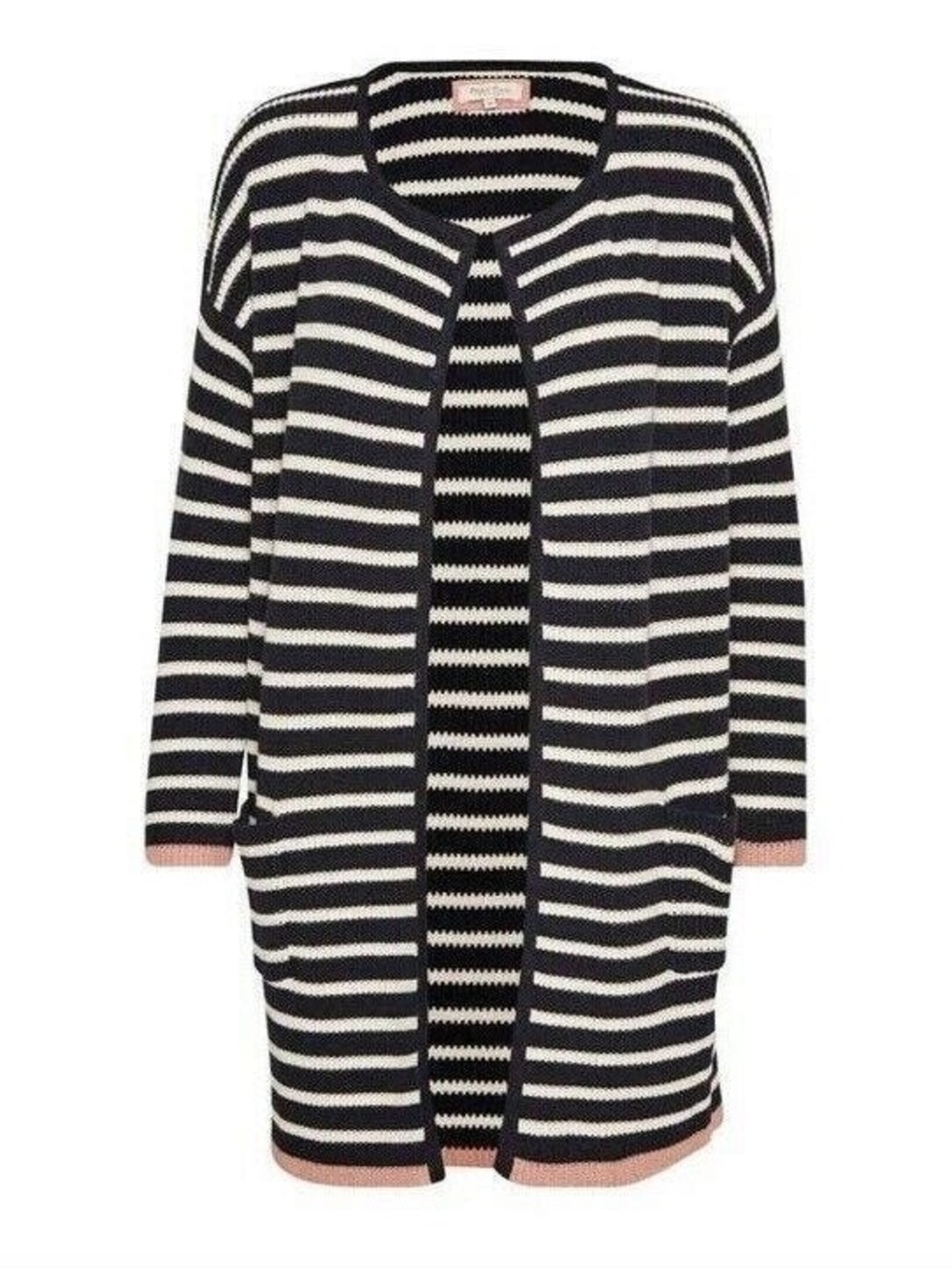 Organic Cotton Striped Navy & White Knit Long Cardigan with Pink Trim